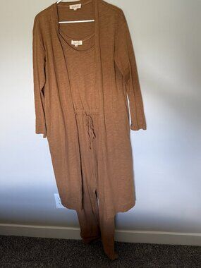 Listicle 2 Piece Set Jumpsuit + Cardigan Large Tan Lounge Travel Outfit Matching